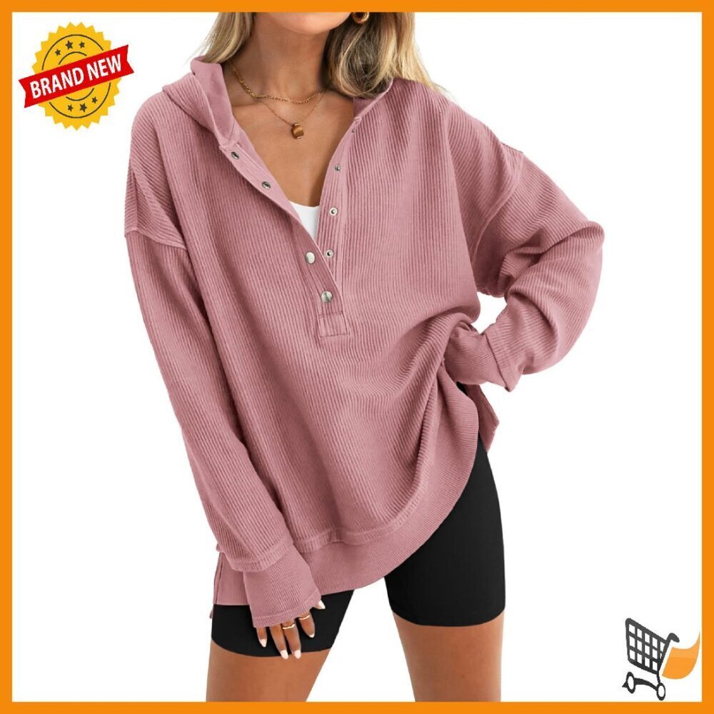 Oversized Long Sleeve Hoodie V Neck Button Down Pullover Sweatshirt